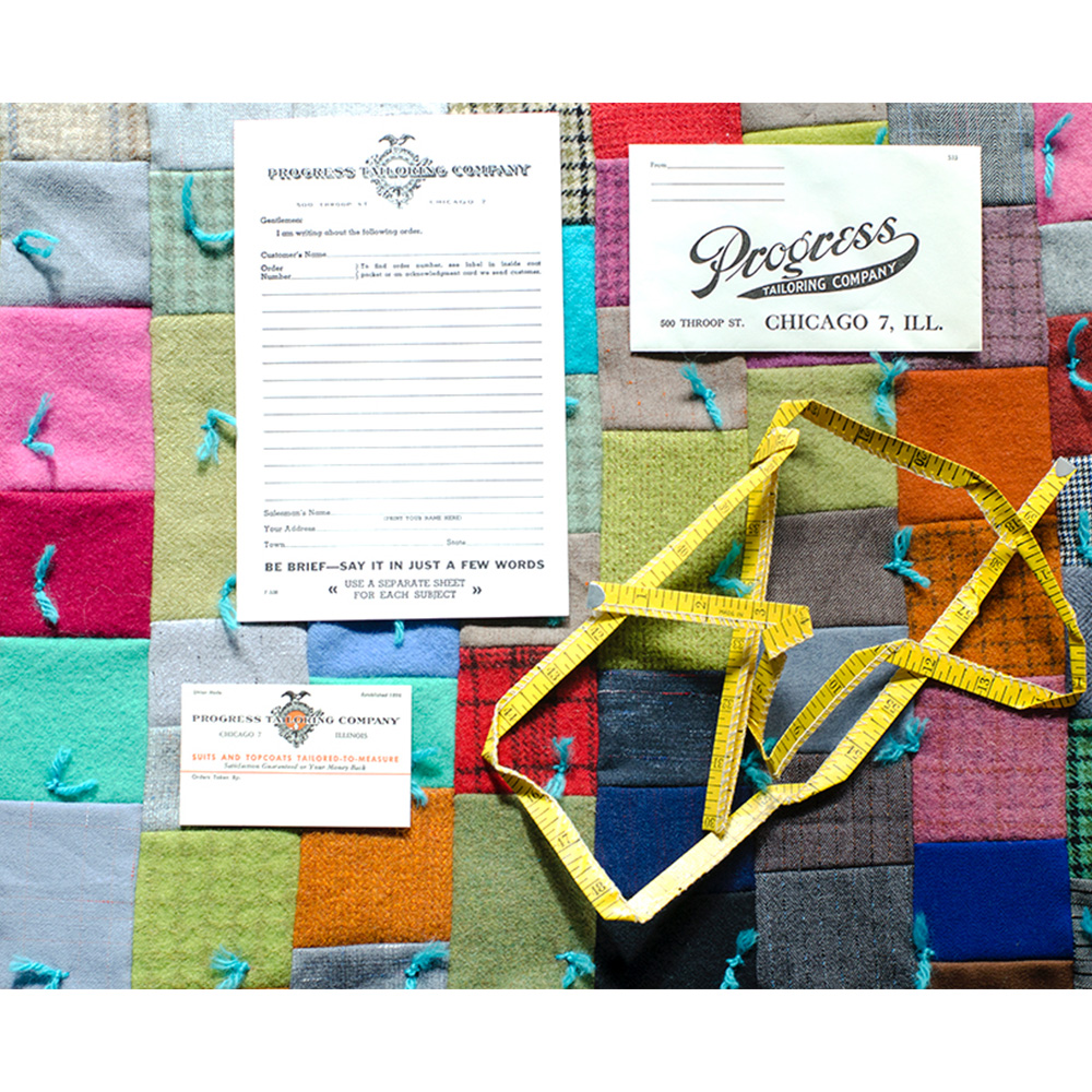 Progress Tailoring bits from salesmen sample boxes for Willy Loman quilt