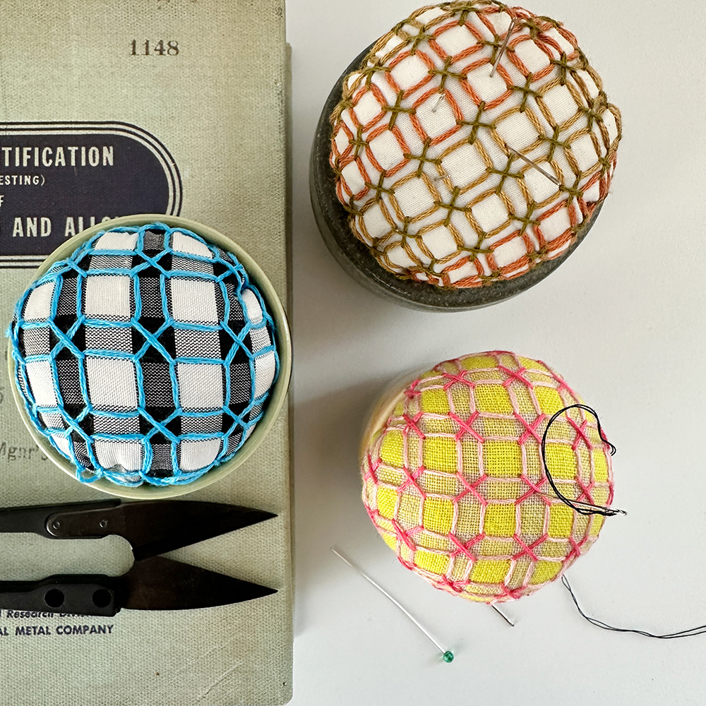 Yunomi Pincushion with Chicken Scratch embroidered top